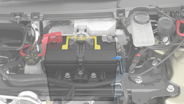 低压铅酸电池近距离图像,通风软管突出显示